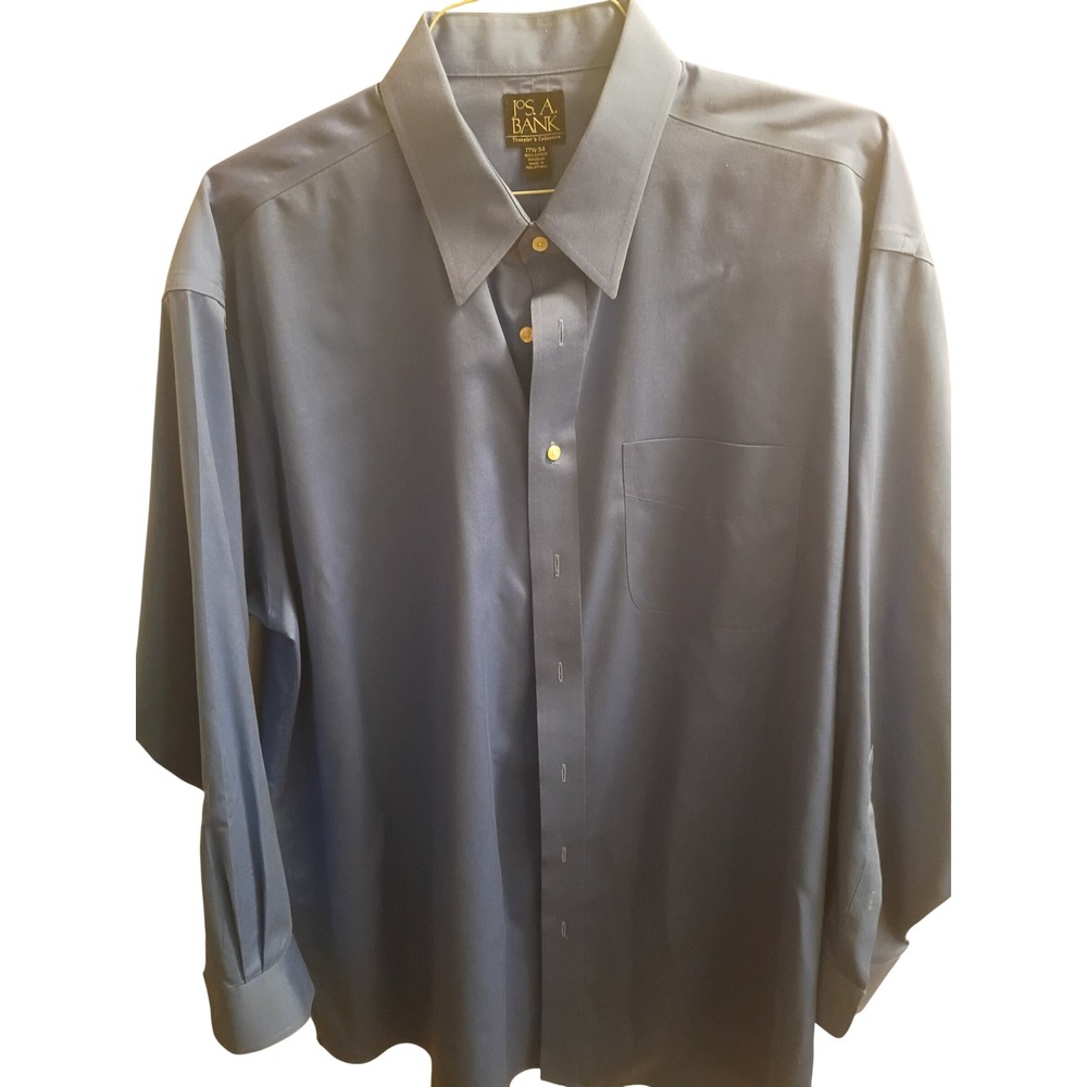 Jos. A. Bank Mens Blue Traveler Collection Dress Shirt 17.5 34 Cotton Button Up